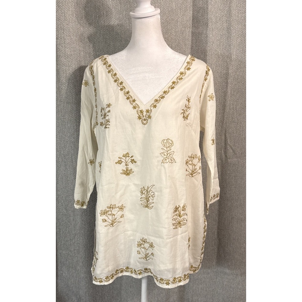 Gretchen Scott Embroidered Tunic Top Women's Size Small Ivory Gold Boho Resort